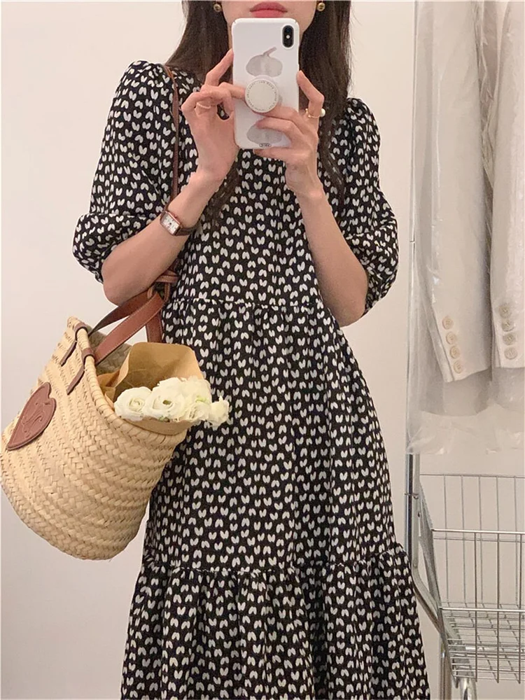 Chic O-neck Printed Puff Sleeve Ruffled Hem Dress