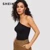 SHEIN Black Asymmetrical Neck Solid Crop Tank Top Summer Women Sexy Cold shoulder Stretchy Skinny Highstreet Sleeveless Camis 