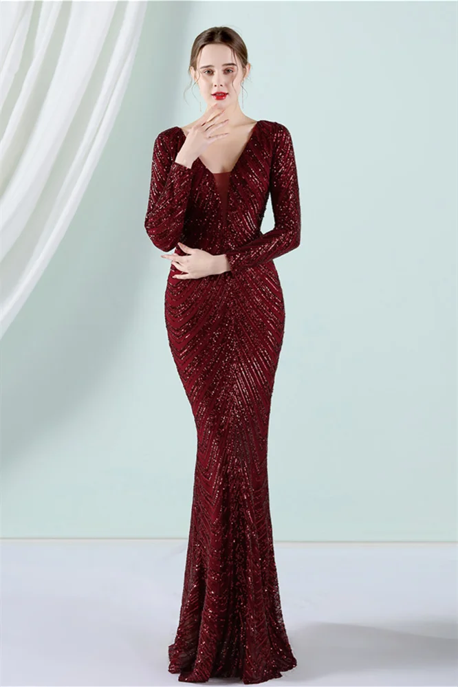 Luluslly Long Sleeves V-Neck Mermaid Evening Dress Sequins YE0058