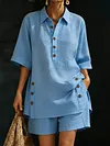 Women's Elegant Plus Size Solid Color Short-Sleeve Shirt Loose Pants Two-Piece Set