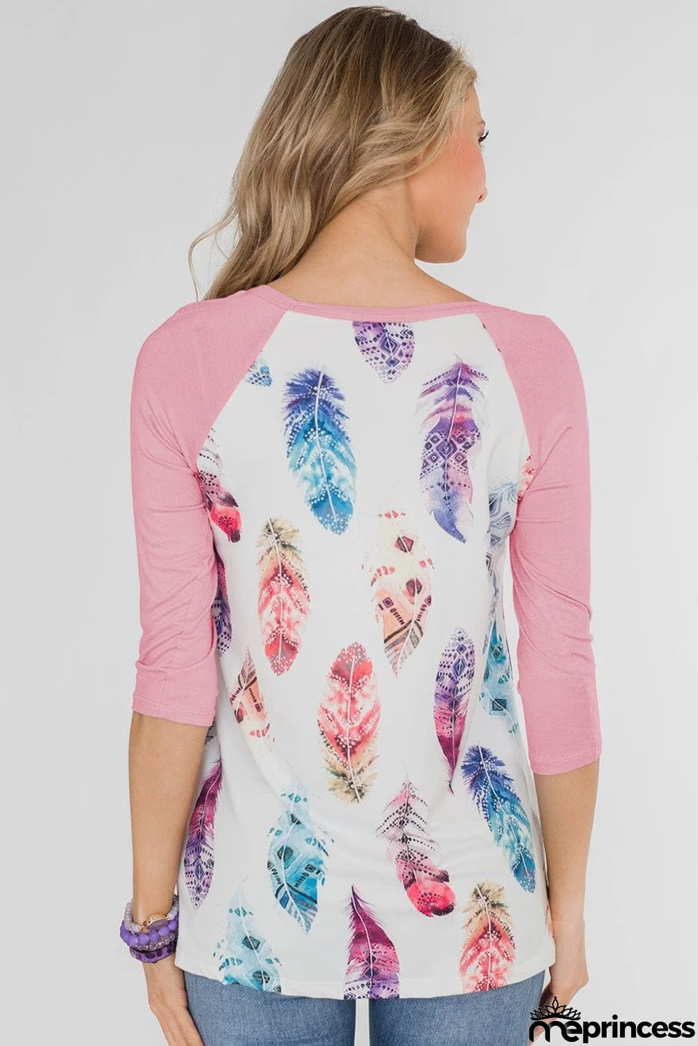 Feather Print 3/4 Raglan Sleeve Top