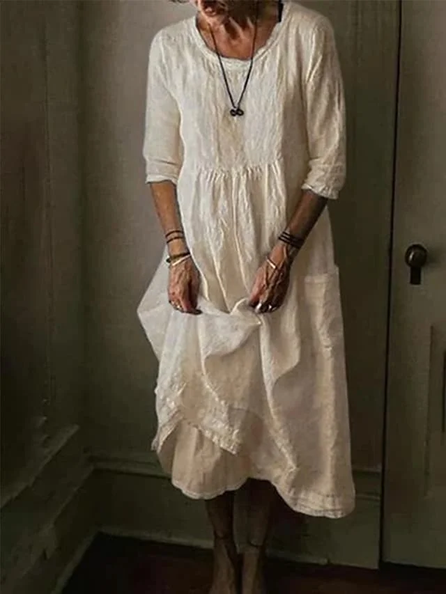 Women's Casual Dress Cotton Dress Maxi long Dress Cotton Basic Casual Outdoor Daily Vacation Crew Neck Pocket Half Sleeve Summer Spring 2023 Loose Fit Black Yellow Blue Plain S M L XL 2XL
