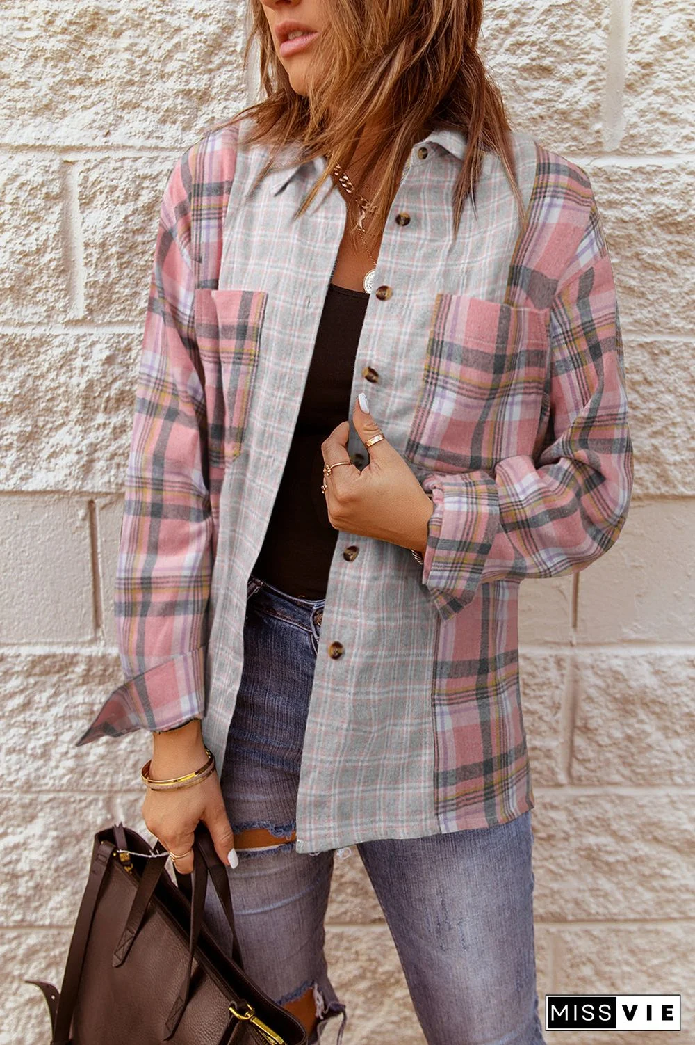 Plaid Color Block Pocket Button-up Long Sleeve Shirt