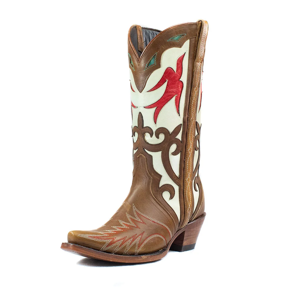 Multicolor Chunky Heel Snip Toe Cowgirl Boots with Decorative Inlay