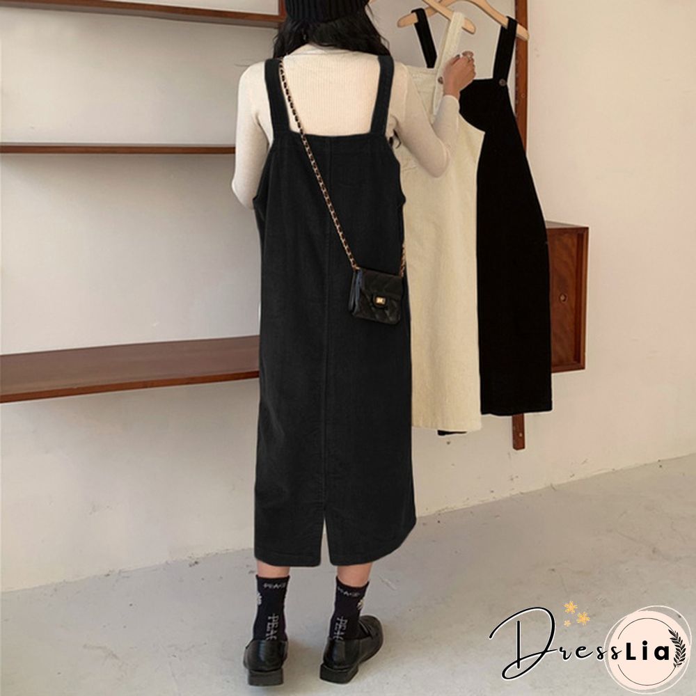 Women Winter Sleeveless Corduroy Casual Loose Warm Midi Tank Dress Sundress
