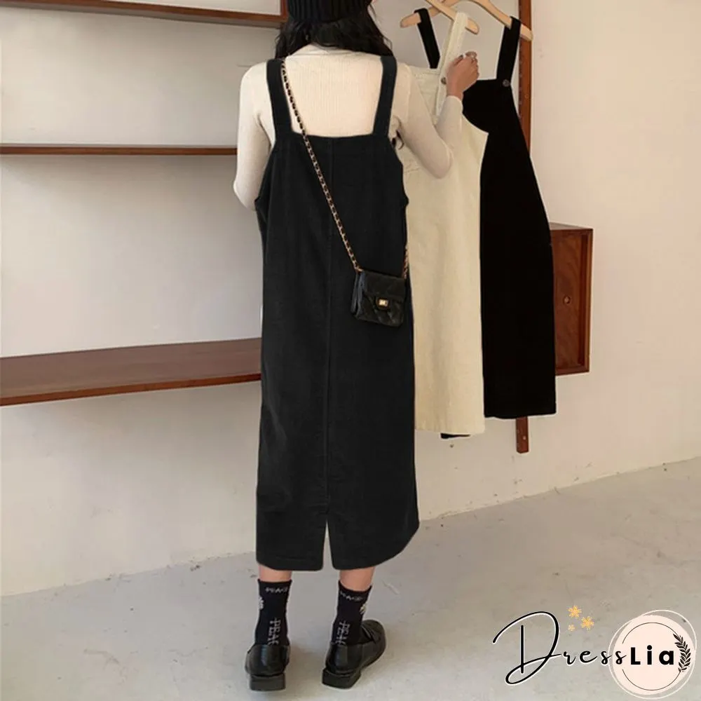 Women Winter Sleeveless Corduroy Casual Loose Warm Midi Tank Dress Sundress