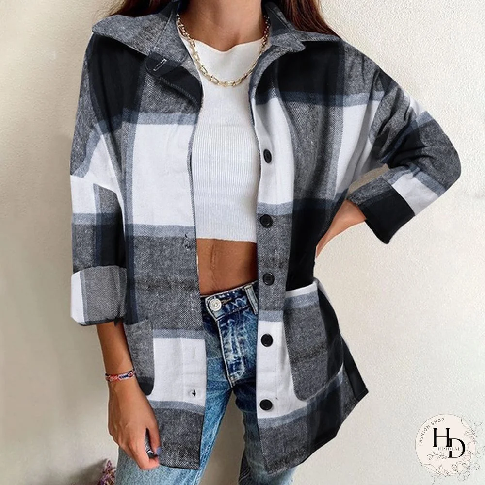 Women Plaid Long Sleeve Jacket Coat Spring Autumn Elegant Button Shirt Plus Size Coat Tops