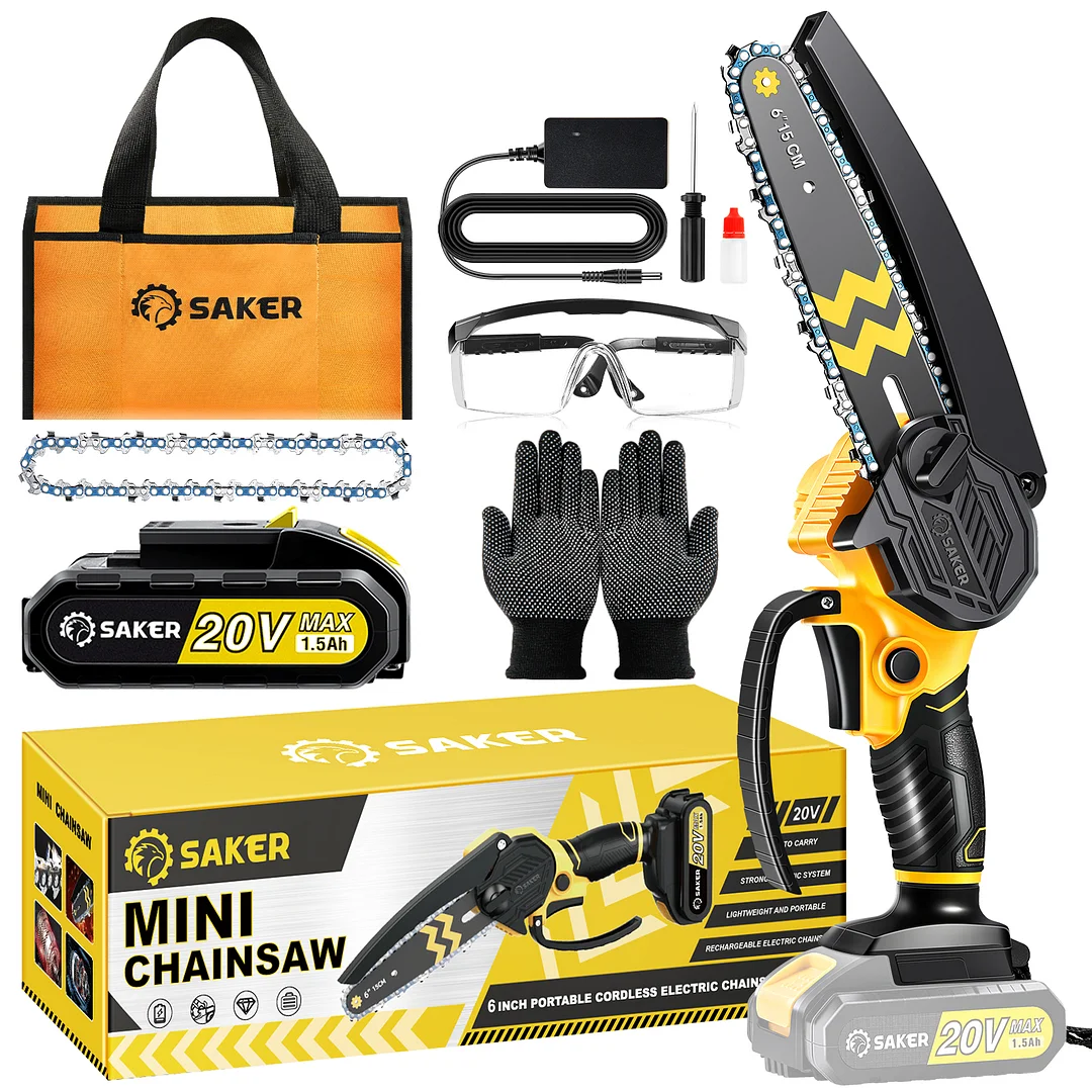 Saker Mini Chainsaw Cordless 6-Inch Saker Mini Chainsaw Cordless 6-Inch + 1 * Battery + 1 * Toolbag + 1 Chain