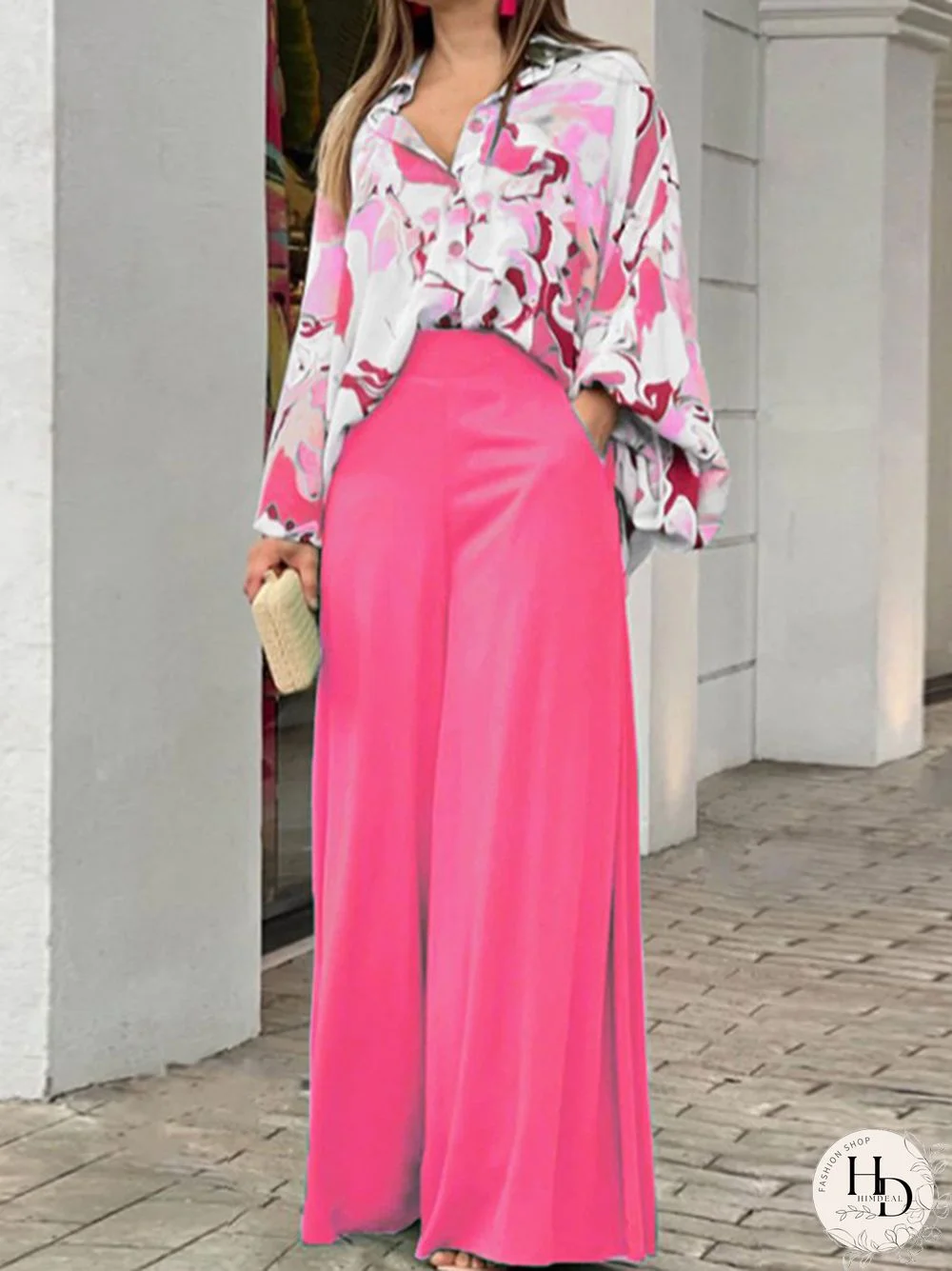 Long Sleeves Floral Printed Blouses + High-Waisted Solid Color Wide Leg Pants Trousers Two Pieces Set