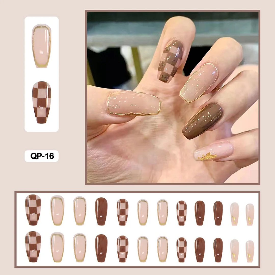 24pcs/box  Lovely Checked-pattern Press On Nails Full Cover Fake Nails With Glue Long Wearable False Nails WIth Wearing Tools-Nail Inspo