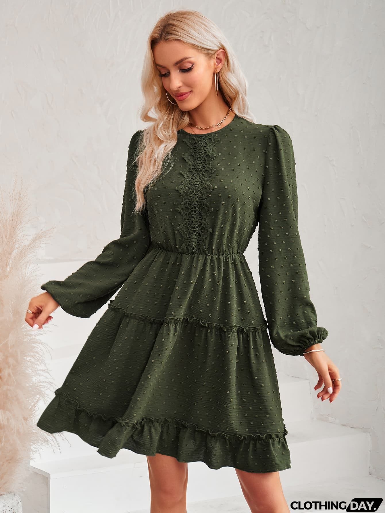 Swiss Dot Lace Trim Balloon Sleeve Dress