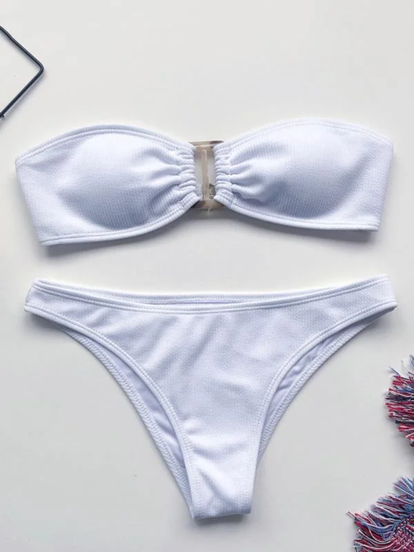 Solid Color Embellished Bandeau Split Bikini Swimsuit