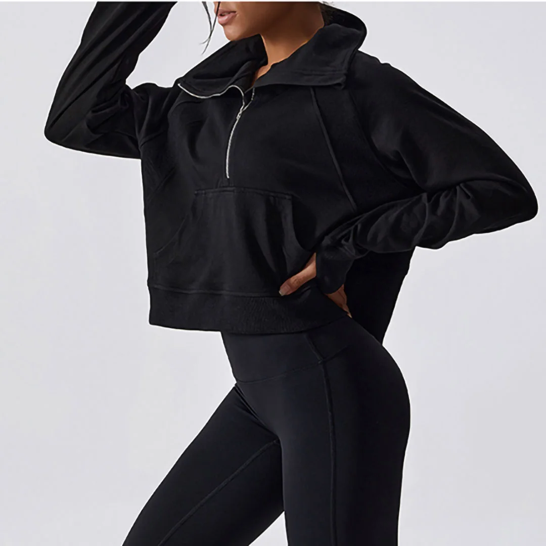Solid stand up collar half zip sports sweatshirt