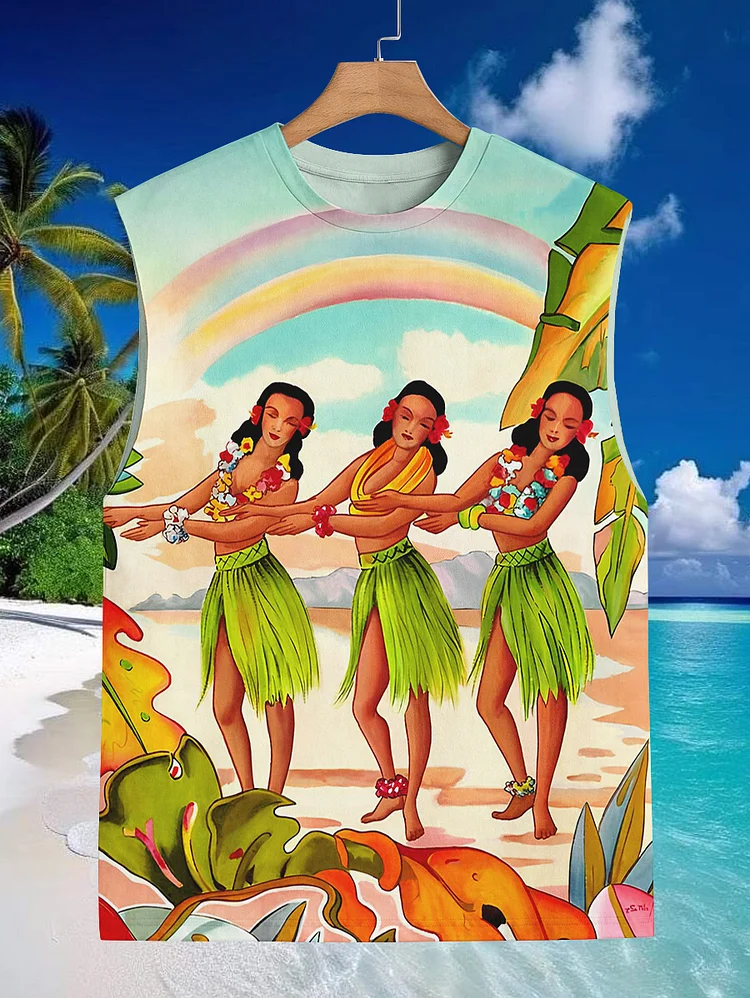 Men's Beach Hawaiian Dance Print Tank Top