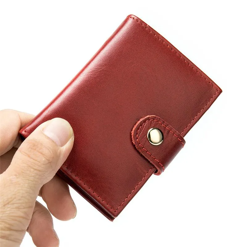 Simple Design RFID Protection Magnetic Closure Two Fold Genuine Leather Card Holder Mini Wallet