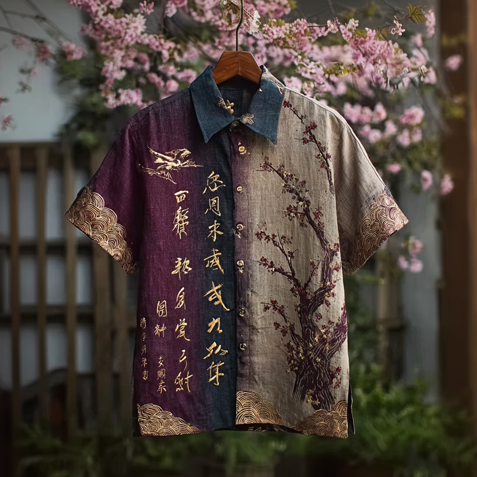 Japanese Art Retro Pattern Clash Color Design Men's Casual Linen Shirt elevenforest