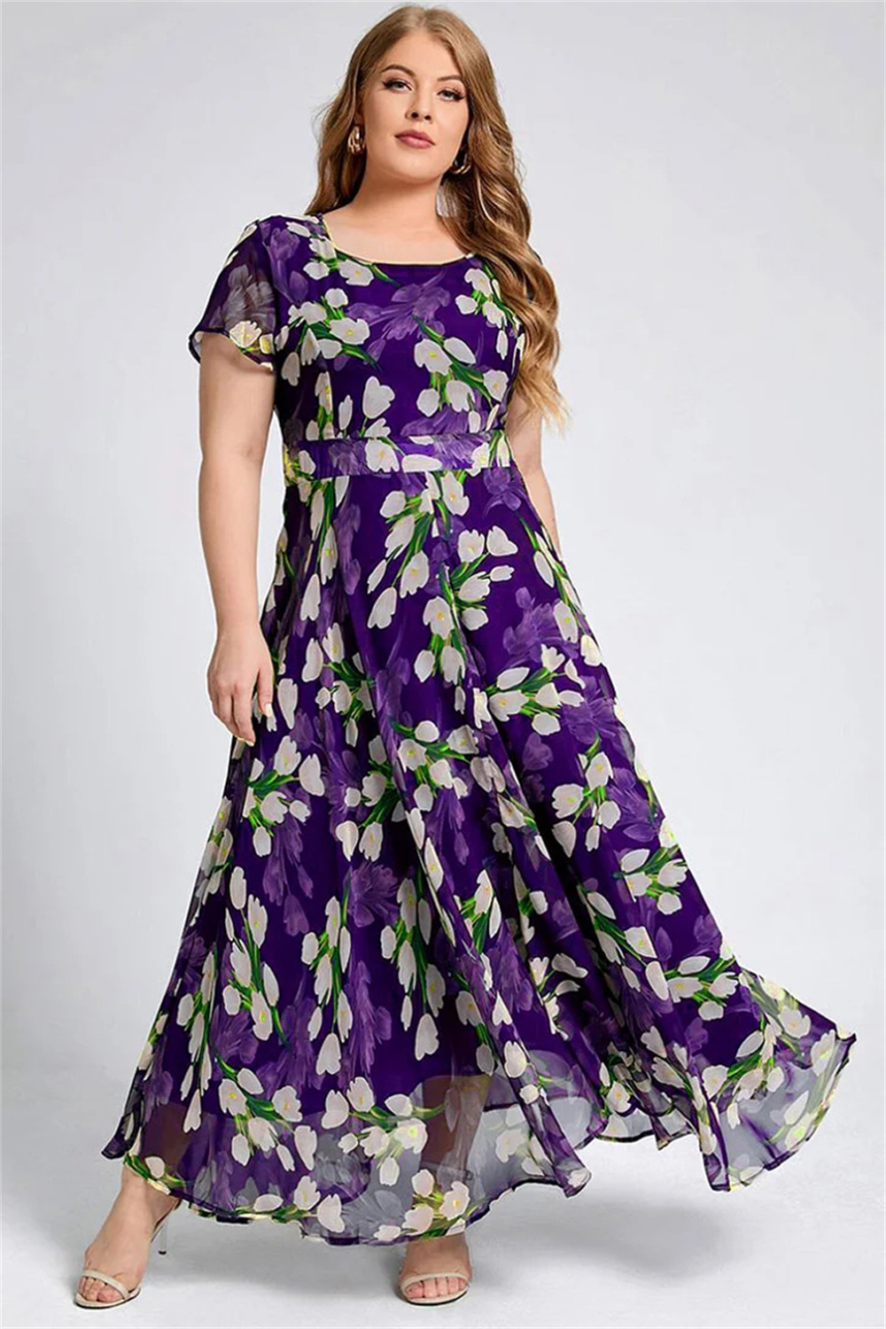 Plus Size Casual Navy Blue Floral Print Short Sleeve A Line Tunic Maxi Dress 2024 - Flycurvy 
