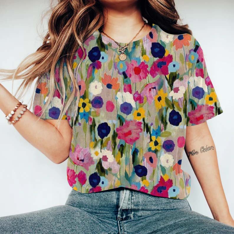 Comstylish Women‘s Floral Art Round Neck Casual T-Shirt
