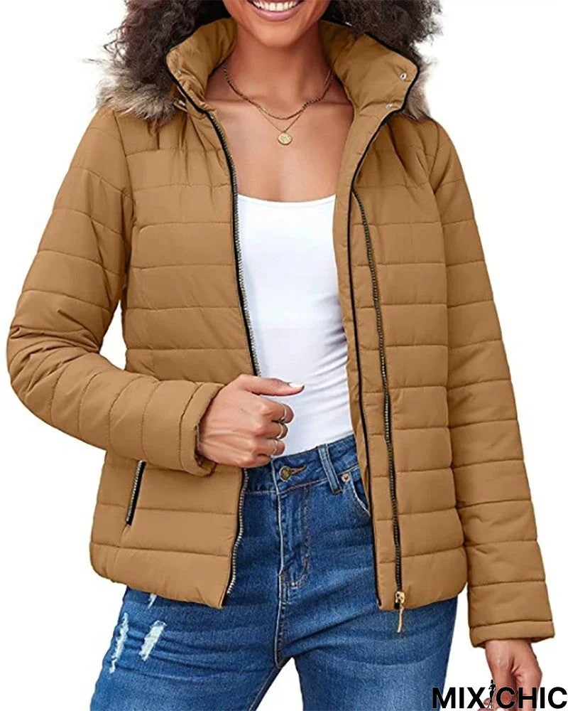 Zipper Pocket Design Fuzzy Hooded Puffer Jacket