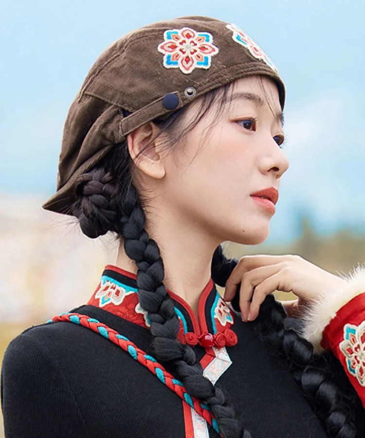 Ethnic Retro Coffee Flower Embroidered Corduroy Beret Hat