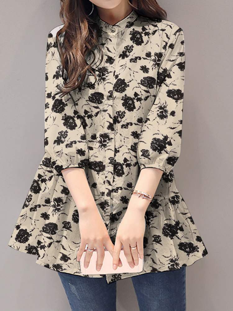 ZANZEA Women Floral Printed Blouse  Summer Stitching Swing Shirts Stand Collar Tops Casual Bohemian 3/4 Sleeve Tunic
