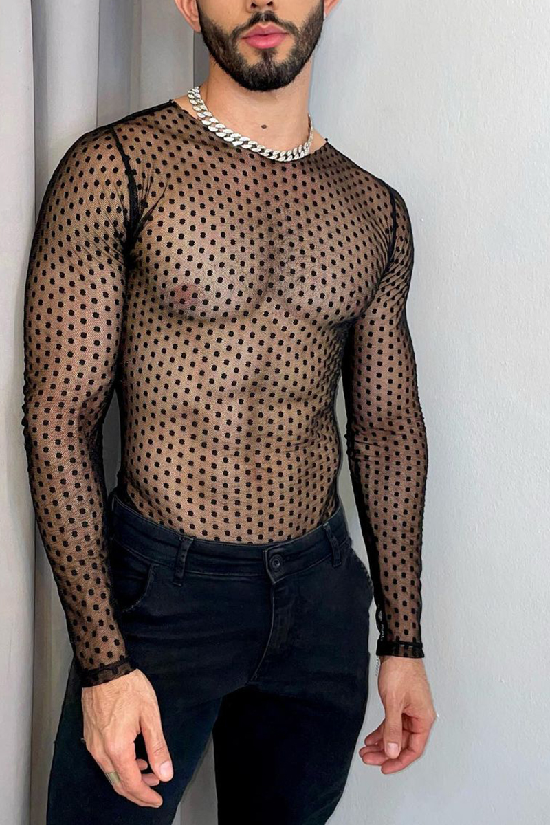 Polka Dot Mesh See-Through Stretchy Long Sleeve Top