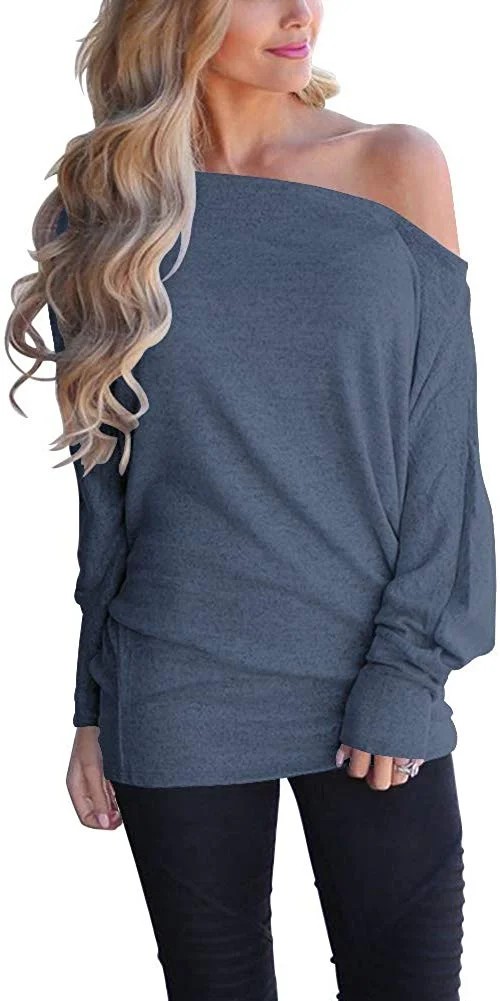 Off Shoulder Loose Pullover Sweater Batwing Sleeve Knit Jumper Oversized Tunics Top for women