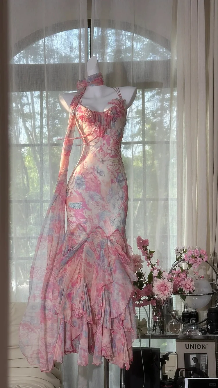 Pink Elegant Fairy Chiffon Ball Gown Evening Dress Party Dress