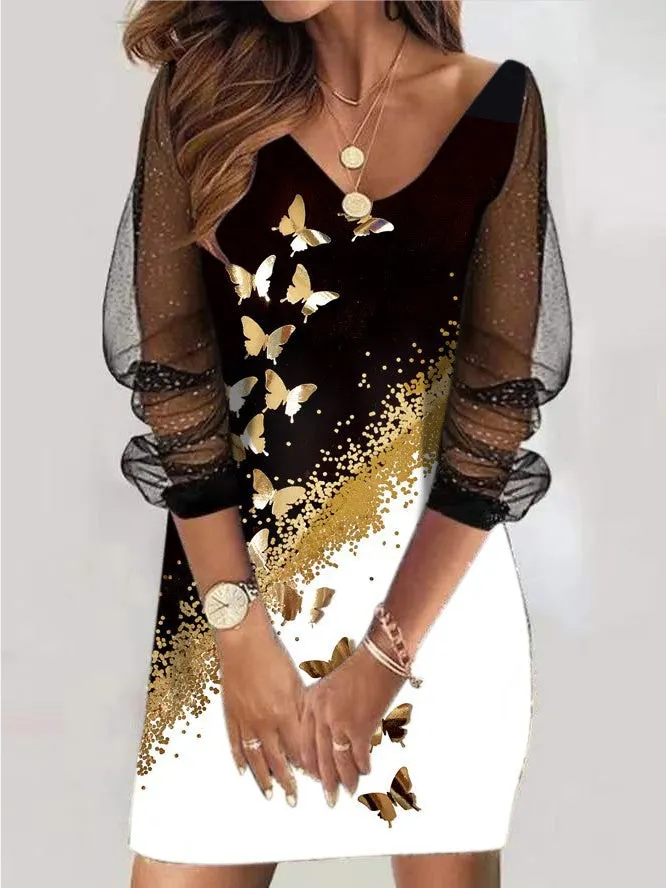 Women's Long Sleeve V-neck Stitching Graphic Midi Dress