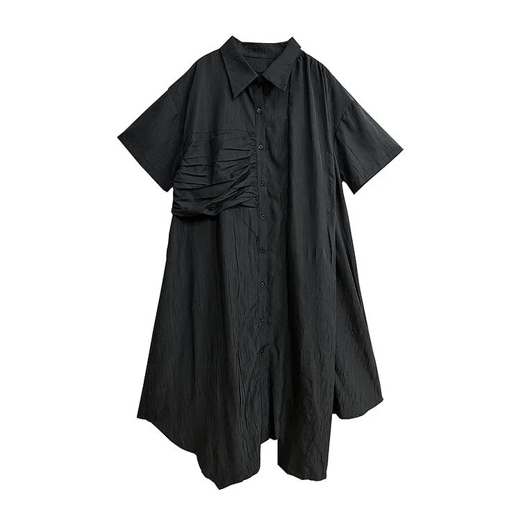 Yamamoto Style Pleated Button Short Sleeve Midi Dress