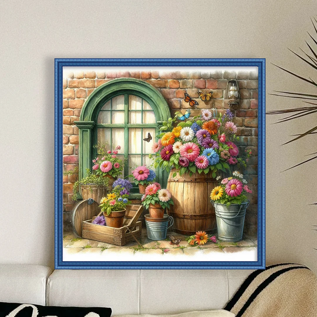 Flowers By The Window Full 11CT DIY Stamped Cross Stitch Kits 40x40cm for Adults