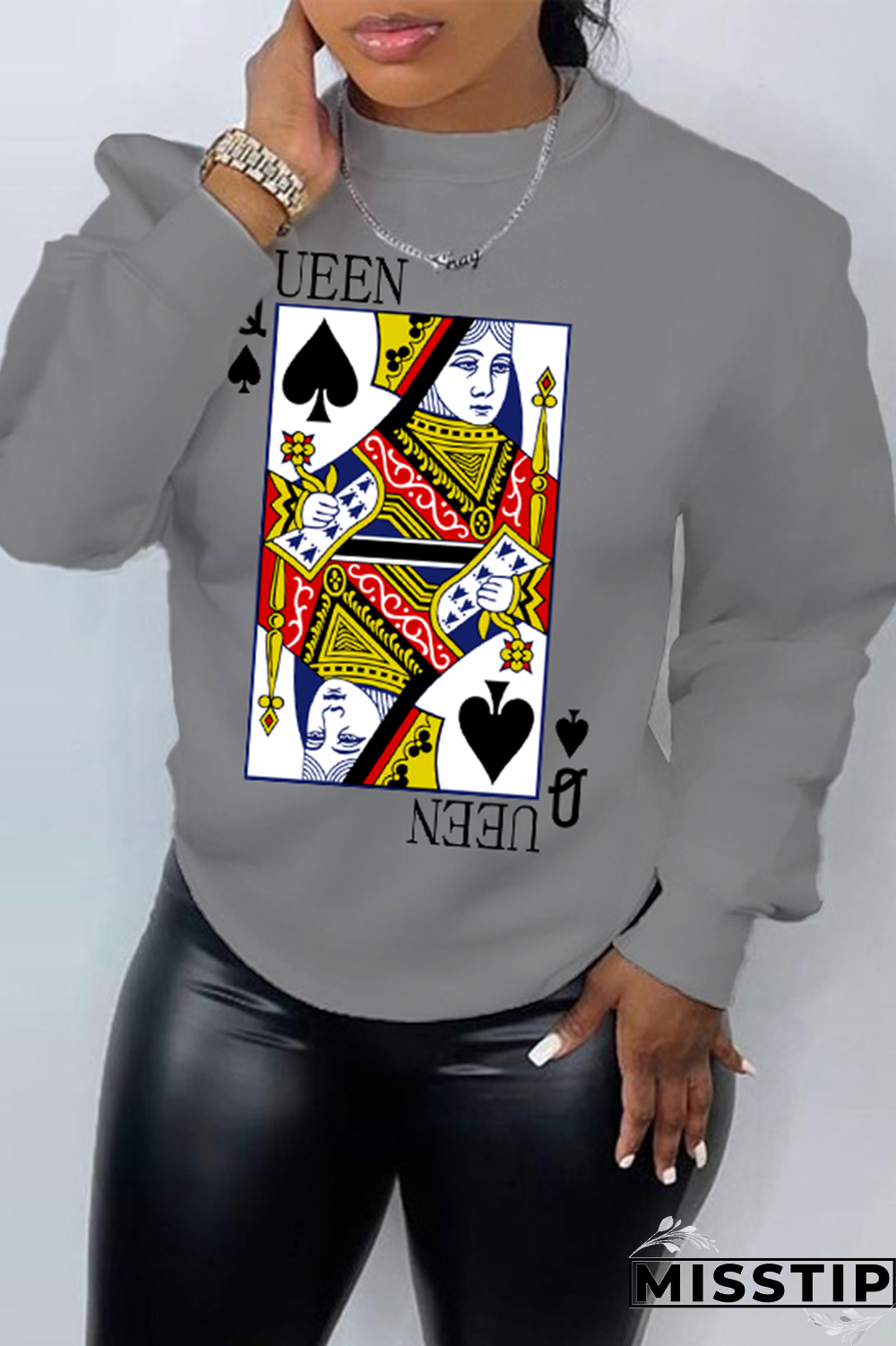 Grey Casual Street Print Patchwork O Neck Tops