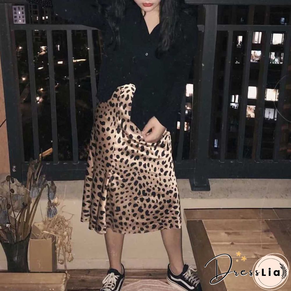 Retro Elastic Band High Waisted Leopard Print Satin Midi Skirt