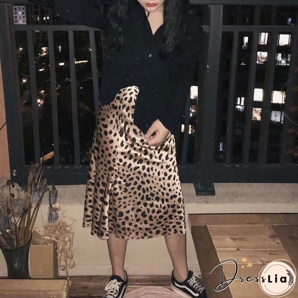Retro Elastic Band High Waisted Leopard Print Satin Midi Skirt