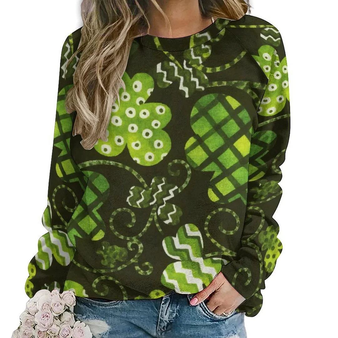 Printed Long Sleeve Casual Sweatshirt for  Women and Men Unisex Pattern St. Patrick's Day, Green, Clover, Lucky