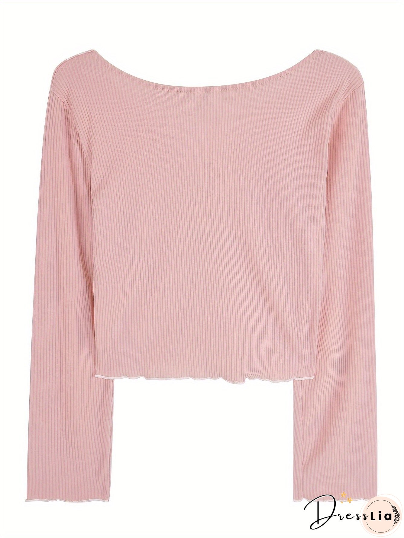 Contrast Lace Trim V-neck Crop Top, Y2K Lettuce Trim Long Sleeve T-shirt, Women's Clothing