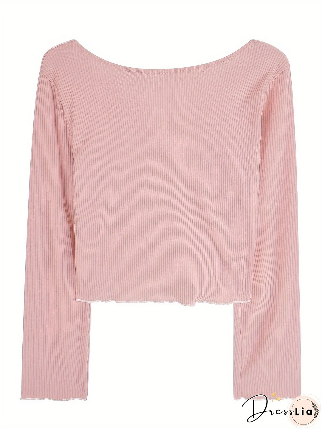 Contrast Lace Trim V-neck Crop Top, Y2K Lettuce Trim Long Sleeve T-shirt, Women's Clothing