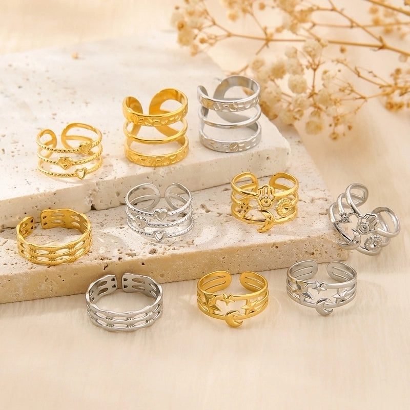 304 Stainless Steel 18K Gold Plated Classical Classic Style Plating Hollow Out Star Moon Heart Shape Open Rings