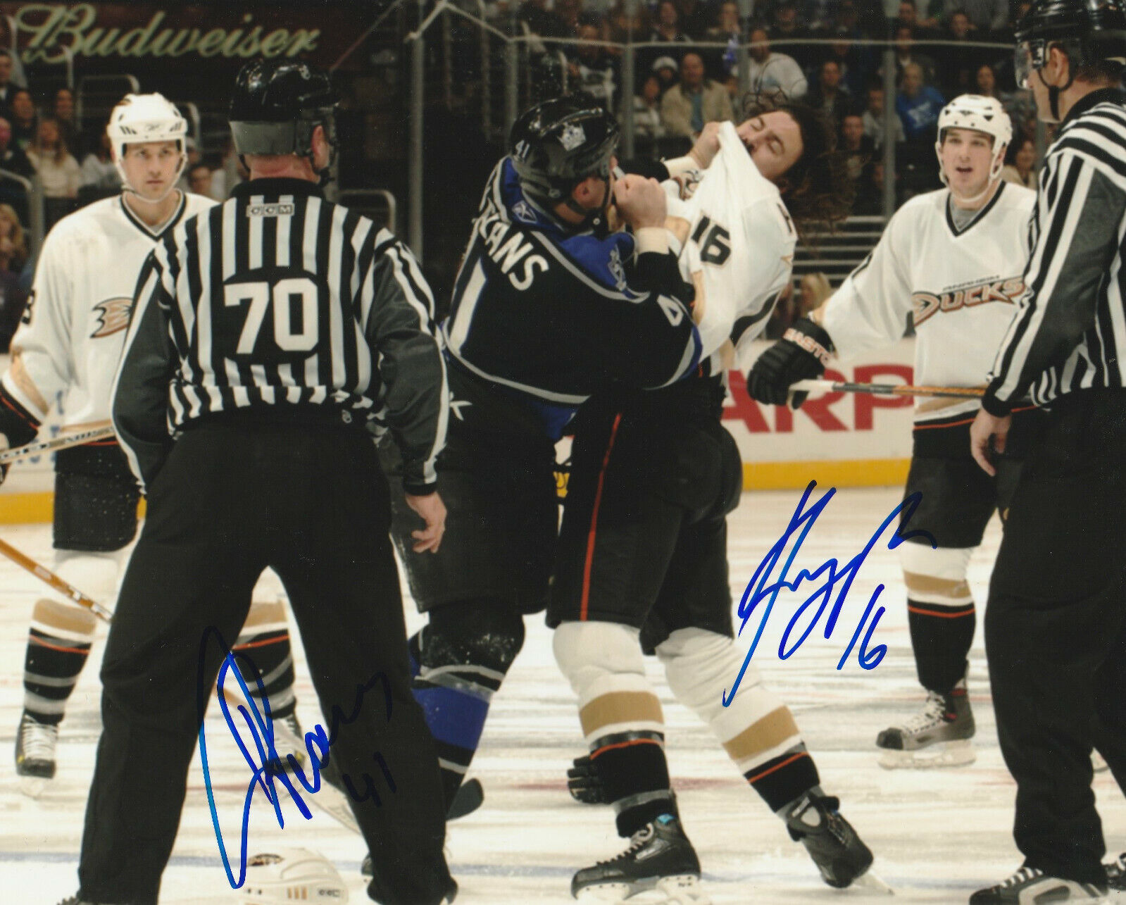 GEORGE PARROS & RAITIS IVANANS SIGNED HOCKEY FIGHT 8x10 Photo Poster painting! LA KINGS vs DUCKS