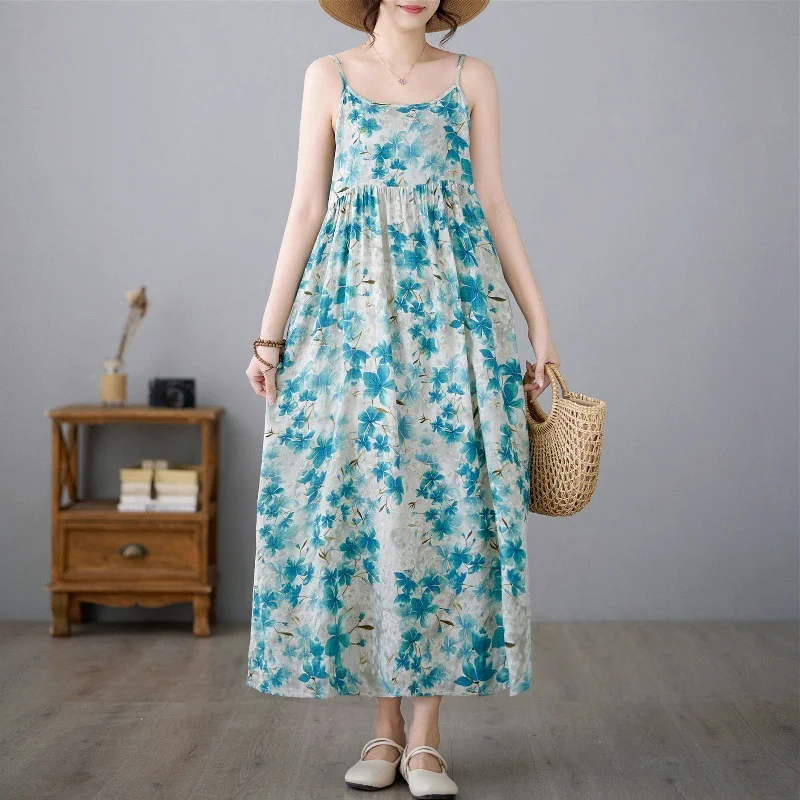 Uveng Uveng Art Cotton Sleeveless Print Sling Dress Girl Sweet Fat MM Loose Thin Swollen Swollen Dress