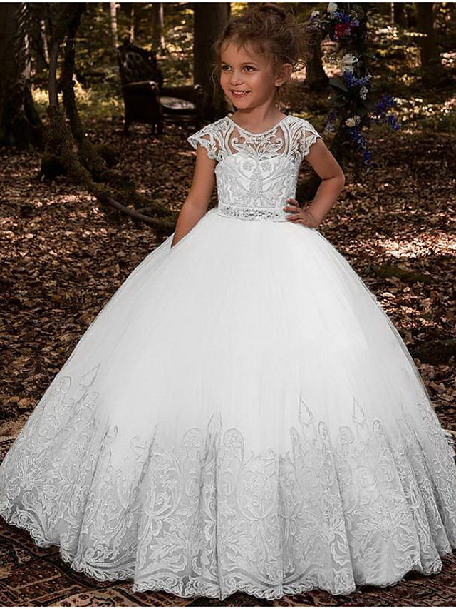 Dresseswow Sleeveless Jewel Neck Ball Gown Floor Length Flower Girl Dresses Lace Tulle  With Pleats Solid