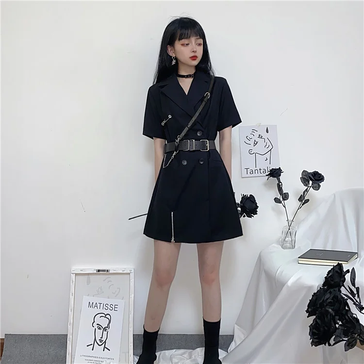 DOUBLE BREASTED ZIP-SLIT SHORT SLEEVE SUIT DRESS WITH BELT