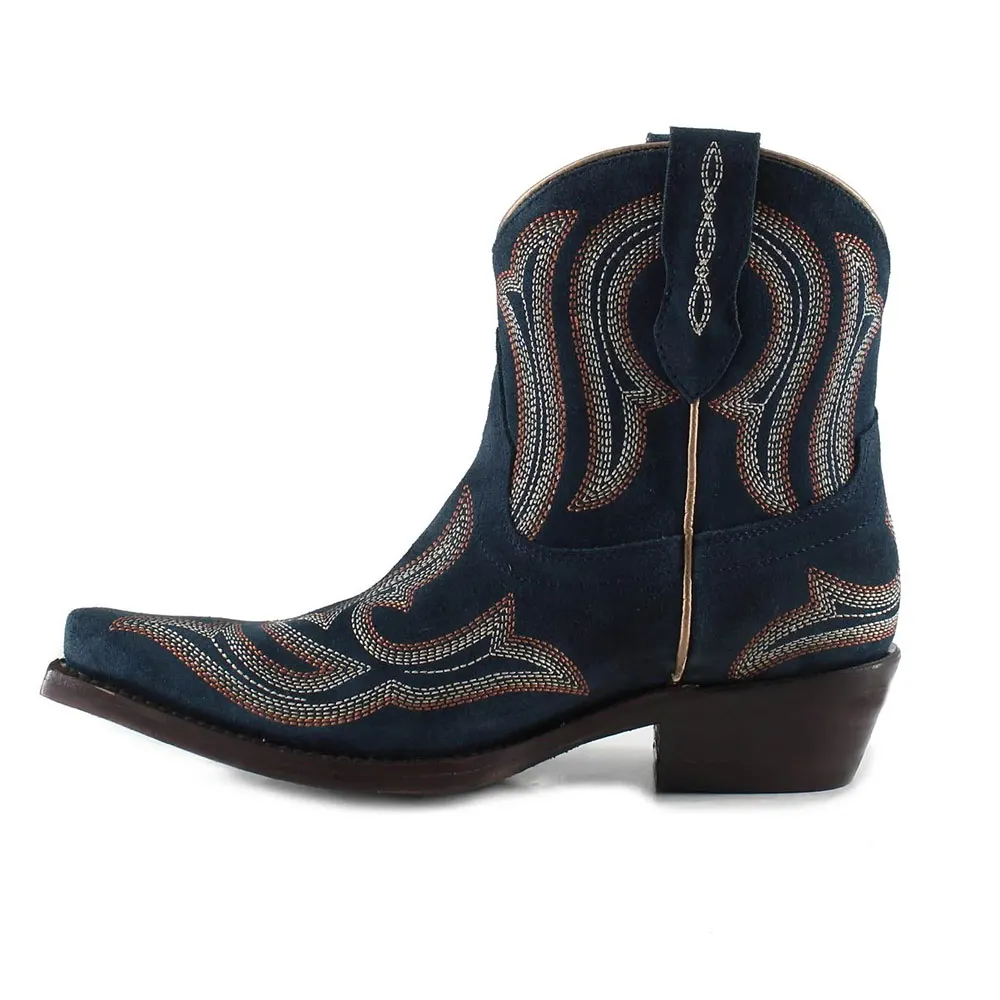 Snip Toe Block Low Heel Embroidered Navy Cowboy Boots for Women