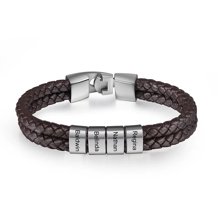 Brown Personalized Double Layered Braided Leather Bracelet Engraved 4 Names Mens Bracelet for Him