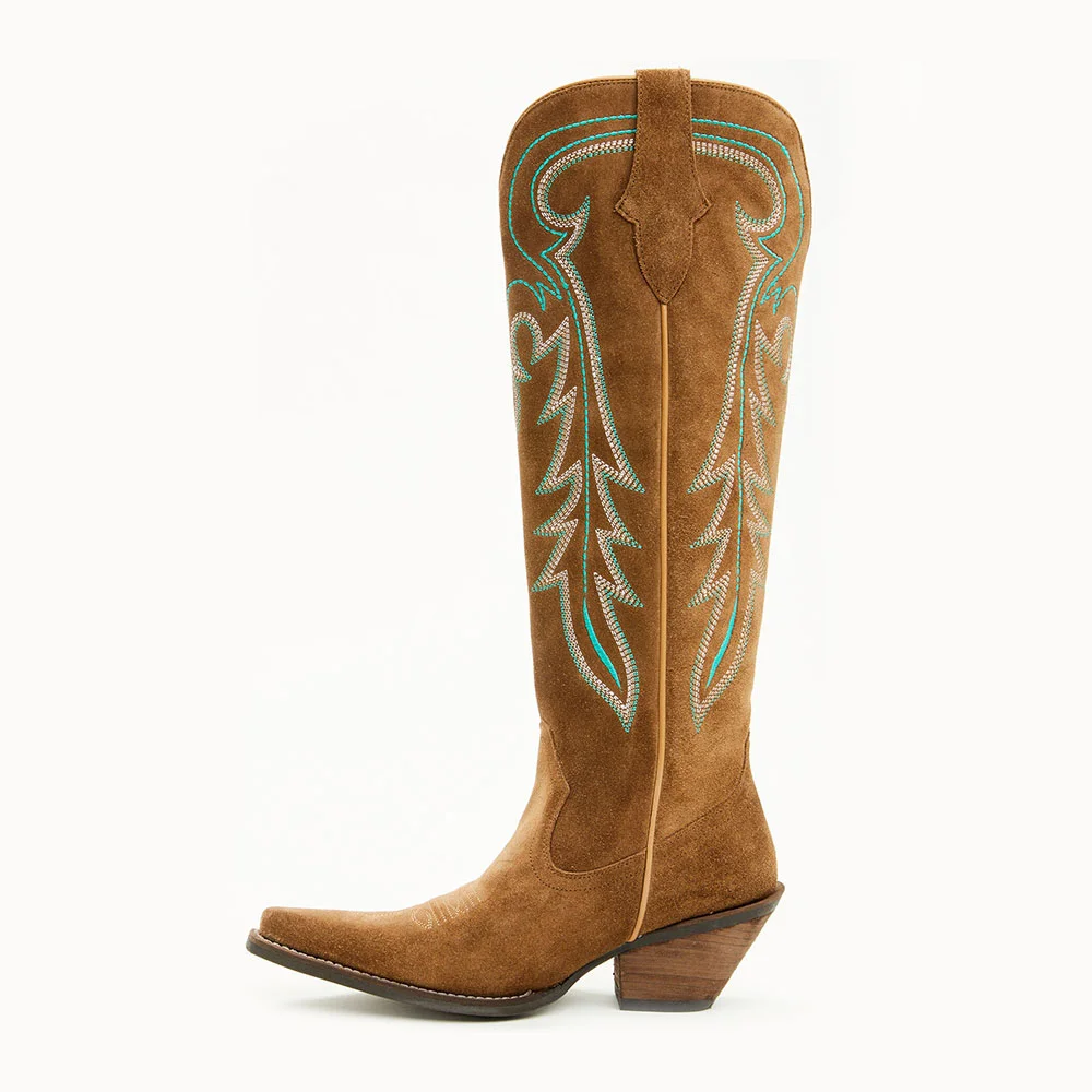 Vegan Suede Chunky Heel Embroidered Cowboy Boots for Women in Tan