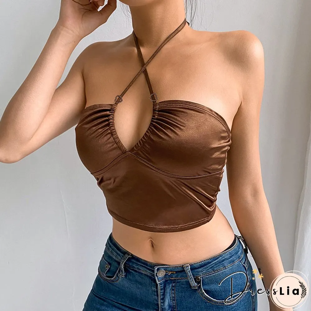 Sexy Fashion Brown Halter Tops Women Backless Skinny Camisole Korean Harajuku Clubwear