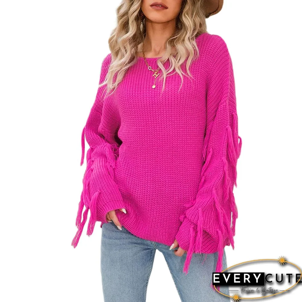 Rosy Round Neck Tasseled Long Sleeve Loose Sweater