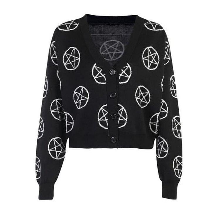 "Silent" Pentagram Print Cardigan Sweater