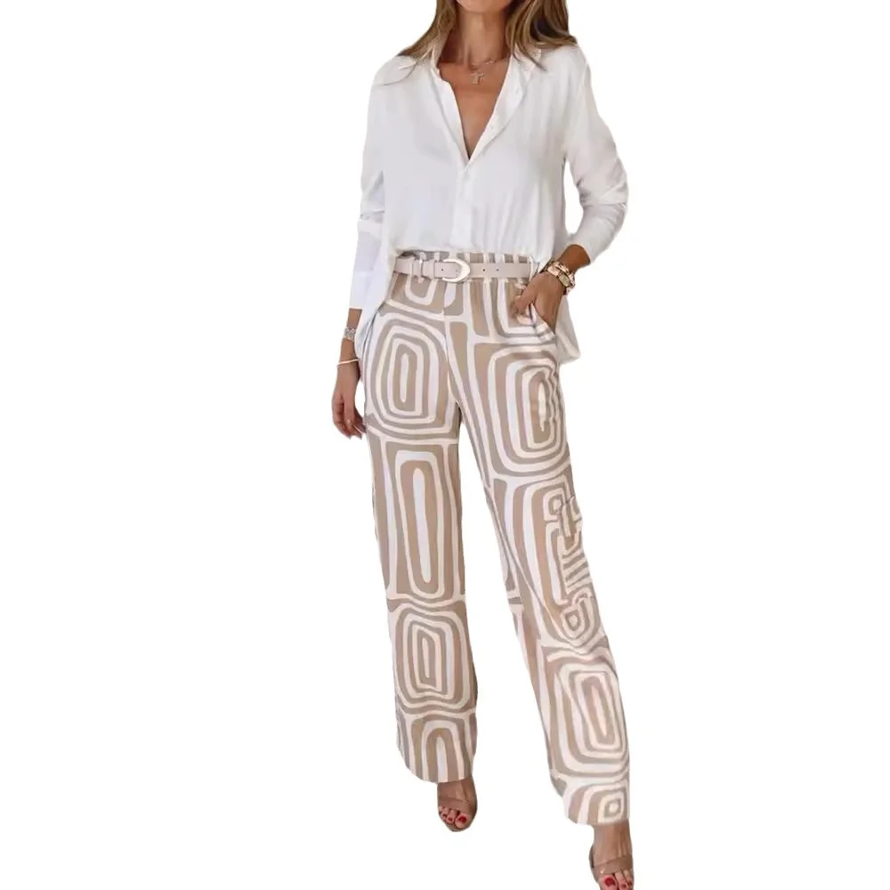 Wongn Wongn Summer Women's Casual Long Sleeve Lapel Shirt Print Wide-Leg Pants Suit
