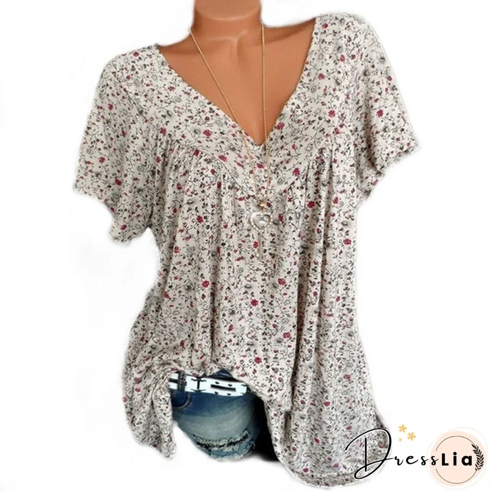 Summer Women Plus Size Casual Loose V Neck Short Sleeve Floral Printed Blouse Tops